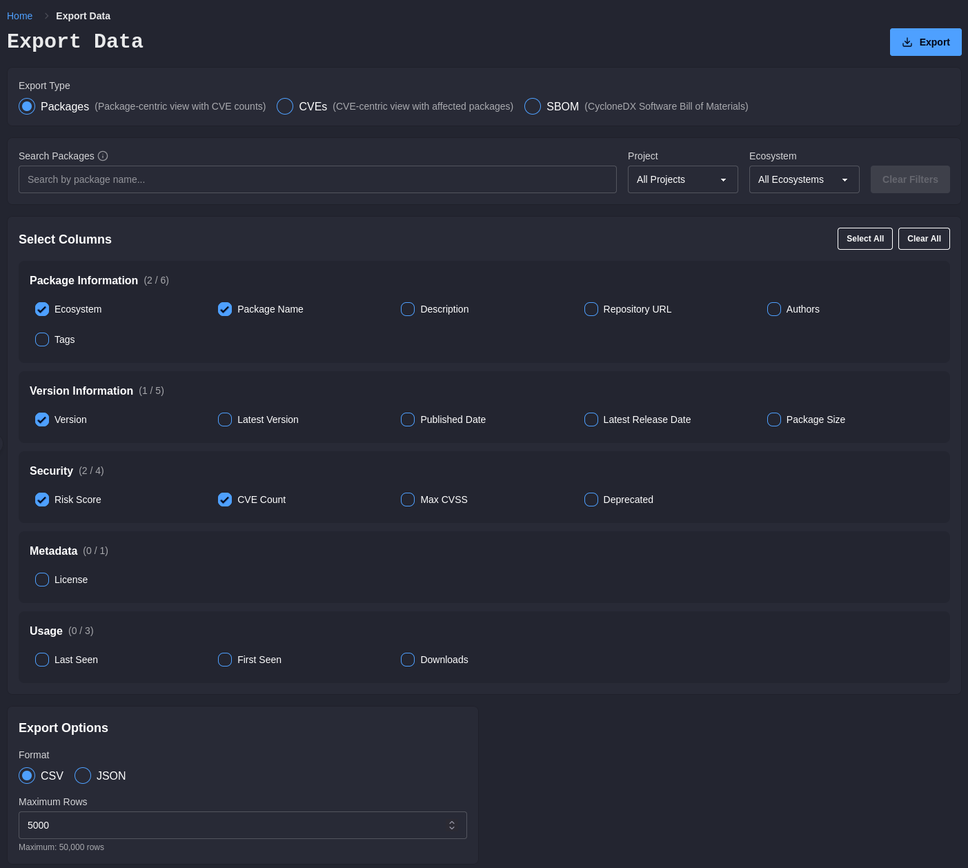 The Export Data page with Packages selected, project and ecosystem filters, selected columns, and the format choice.