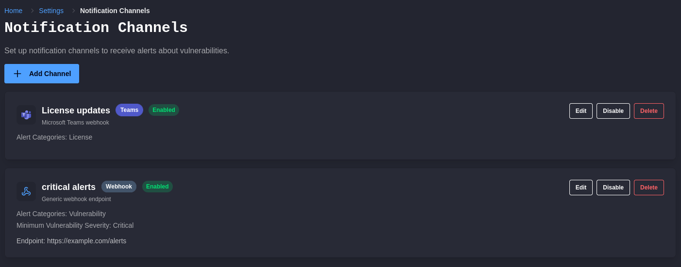 Settings -> Notification Channels with Teams and webhook channels, type badges, enabled states, and alert categories.