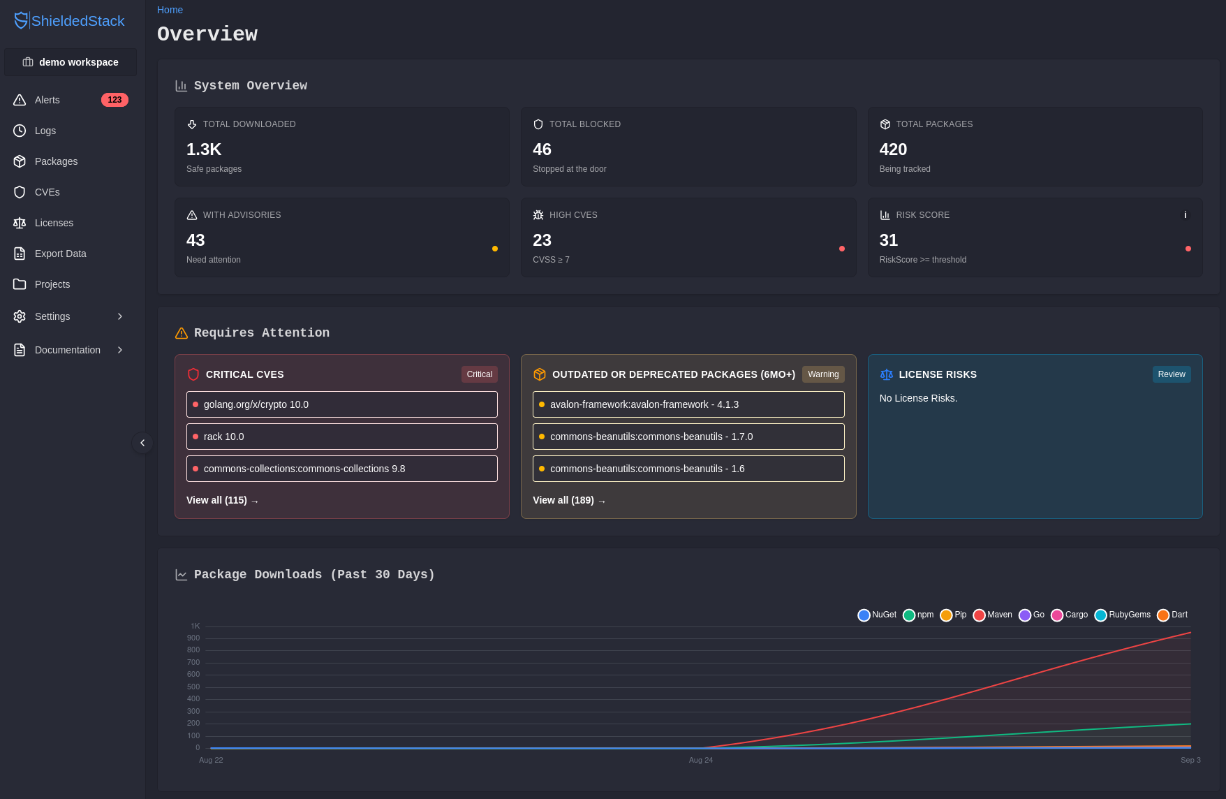 The Overview page with populated System Overview tiles, Requires Attention cards, and a package downloads chart.