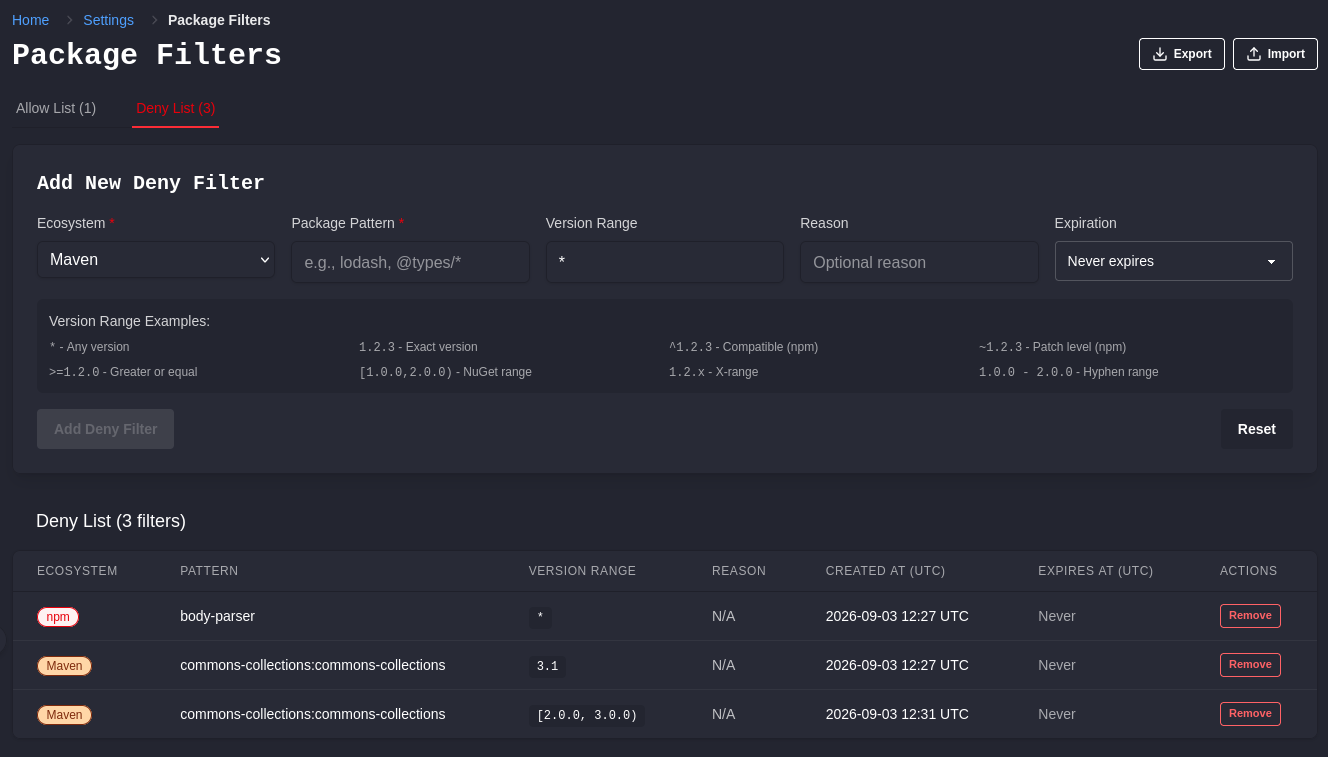 Settings -> Package Filters with allow and deny rules across multiple ecosystems.